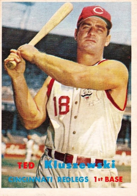 Ted Kluszewski swings on 1957 Topps card (#165, Redlegs)