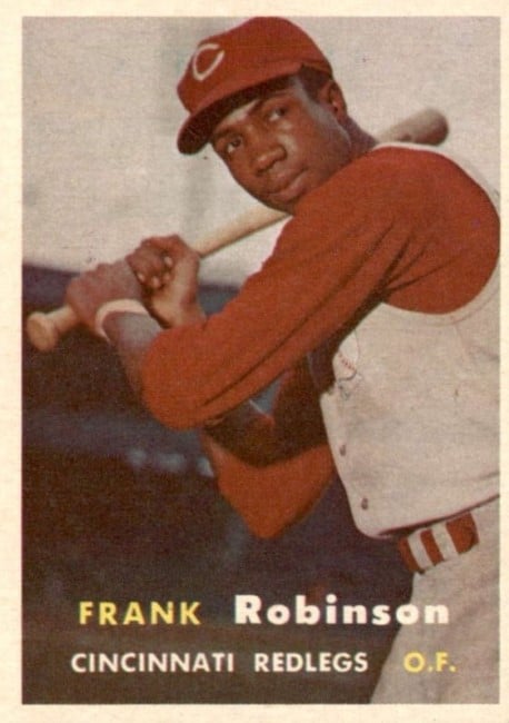 1957 Topps card of Frank Robinson batting for Cincinnati Redlegs