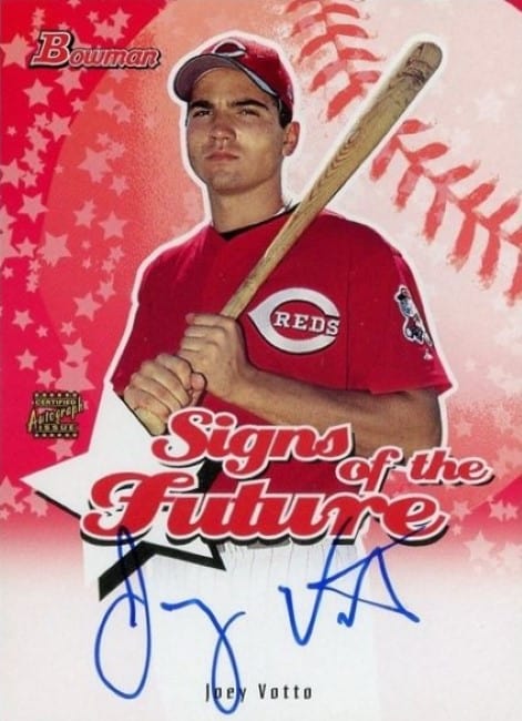 Autographed baseball card of Joey Votto with red stars design