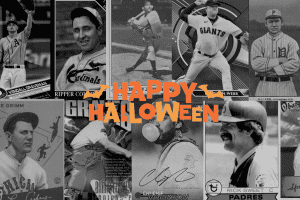 Collection of Halloween-themed baseball cards, in black and white