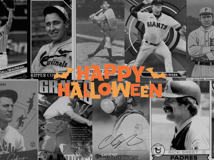 Collection of Halloween-themed baseball cards, in black and white